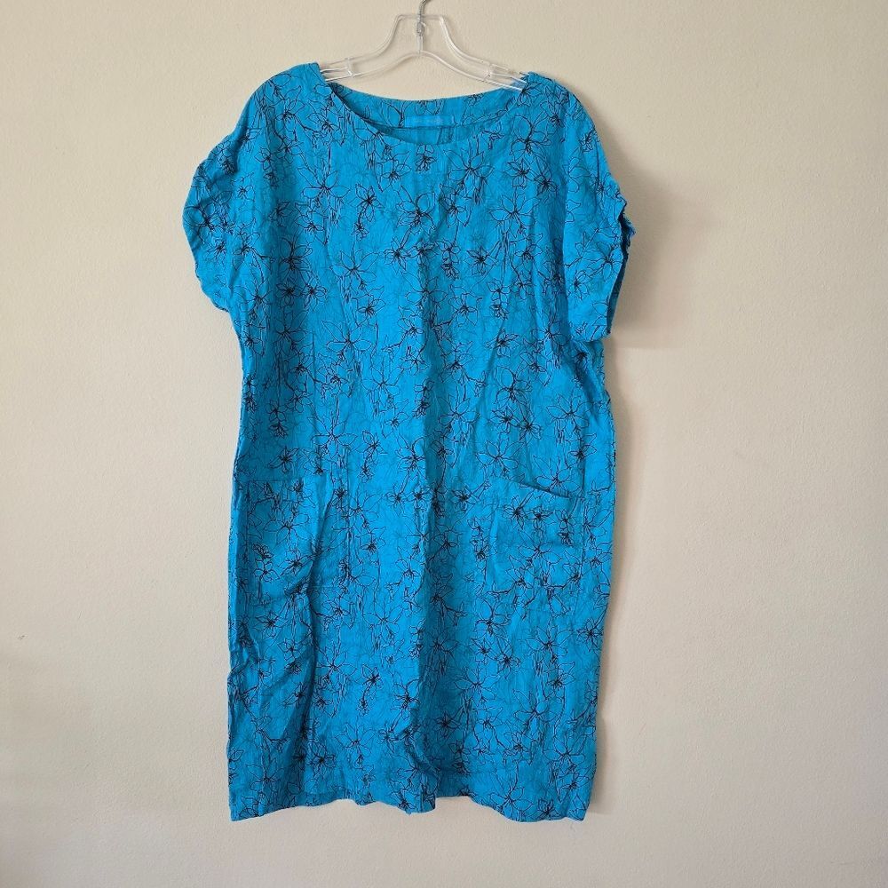 Cut Loose Dress Blue Linen Floral Print Shift Made in USA Artsy Boho Small